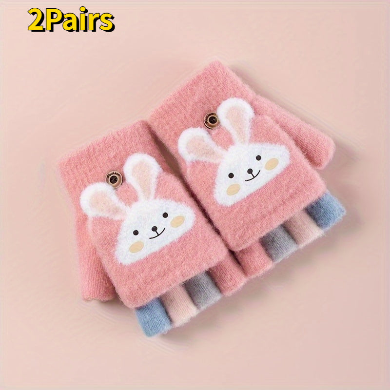 2 Pairs Cartoon Winter Five Fingers Gloves Thick Knitted Warm Gloves