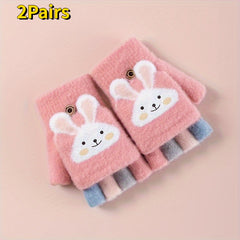 2 Pairs Cartoon Winter Five Fingers Gloves Thick Knitted Warm Gloves