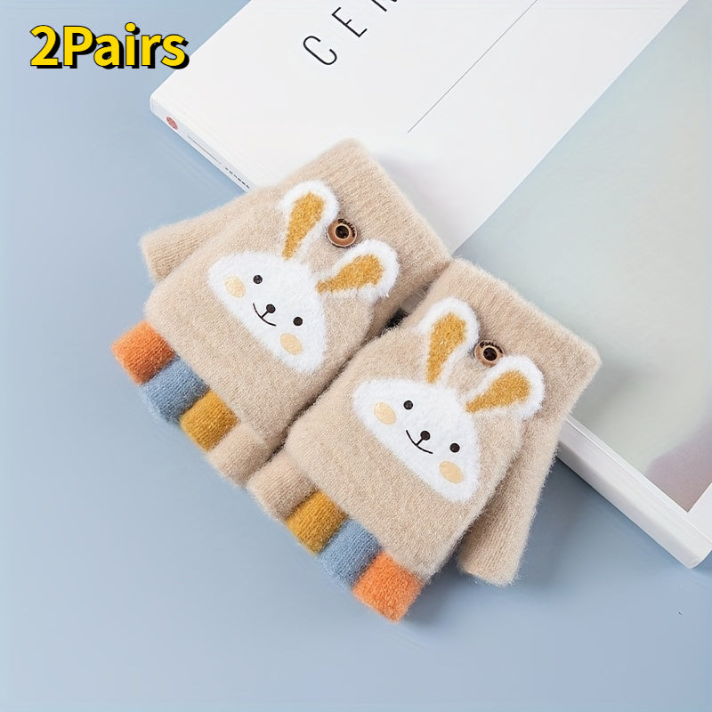 2 Pairs Cartoon Winter Five Fingers Gloves Thick Knitted Warm Gloves