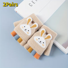 2 Pairs Cartoon Winter Five Fingers Gloves Thick Knitted Warm Gloves
