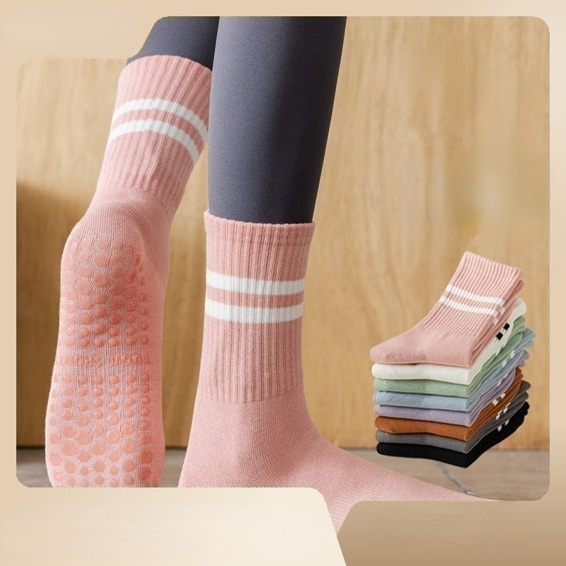 3 Pairs Striped Mid-tube Yoga Socks Non-slip Grips for Pilates Ballet Barre