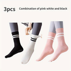3 Pairs Striped Mid-tube Yoga Socks Non-slip Grips for Pilates Ballet Barre