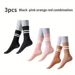 3 Pairs Striped Mid-tube Yoga Socks Non-slip Grips for Pilates Ballet Barre