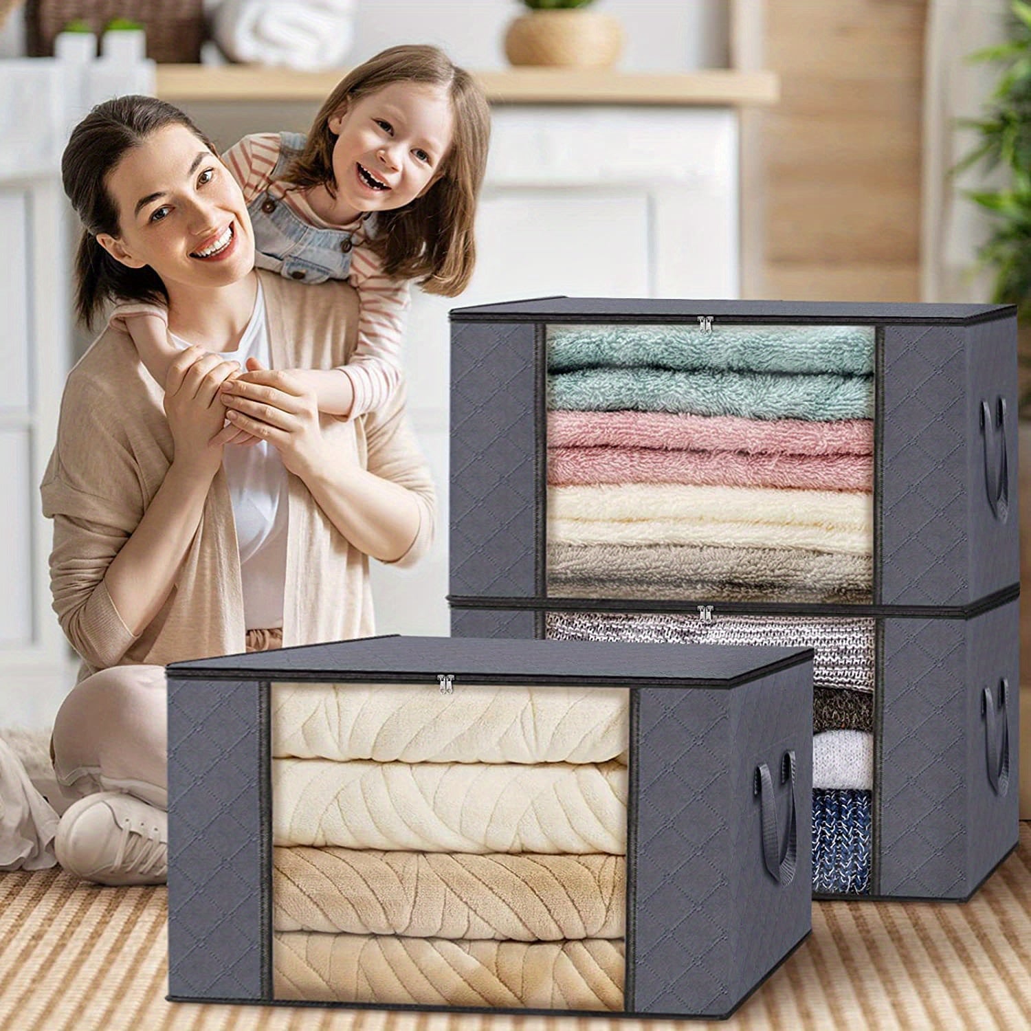 2pcs Foldable Large Capacity Storage Bags with Zipper for Clothes Quilt Blanket