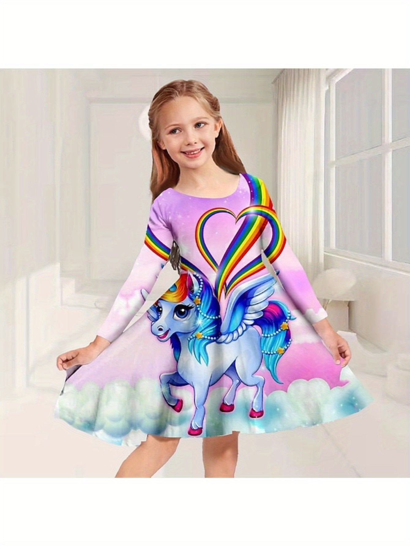 Dreamy Unicorn Pattern Long Sleeve Dress Girls Comfy Dresses