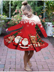 Girls Sweet Santa & Christmas Tree Long Sleeve Dress