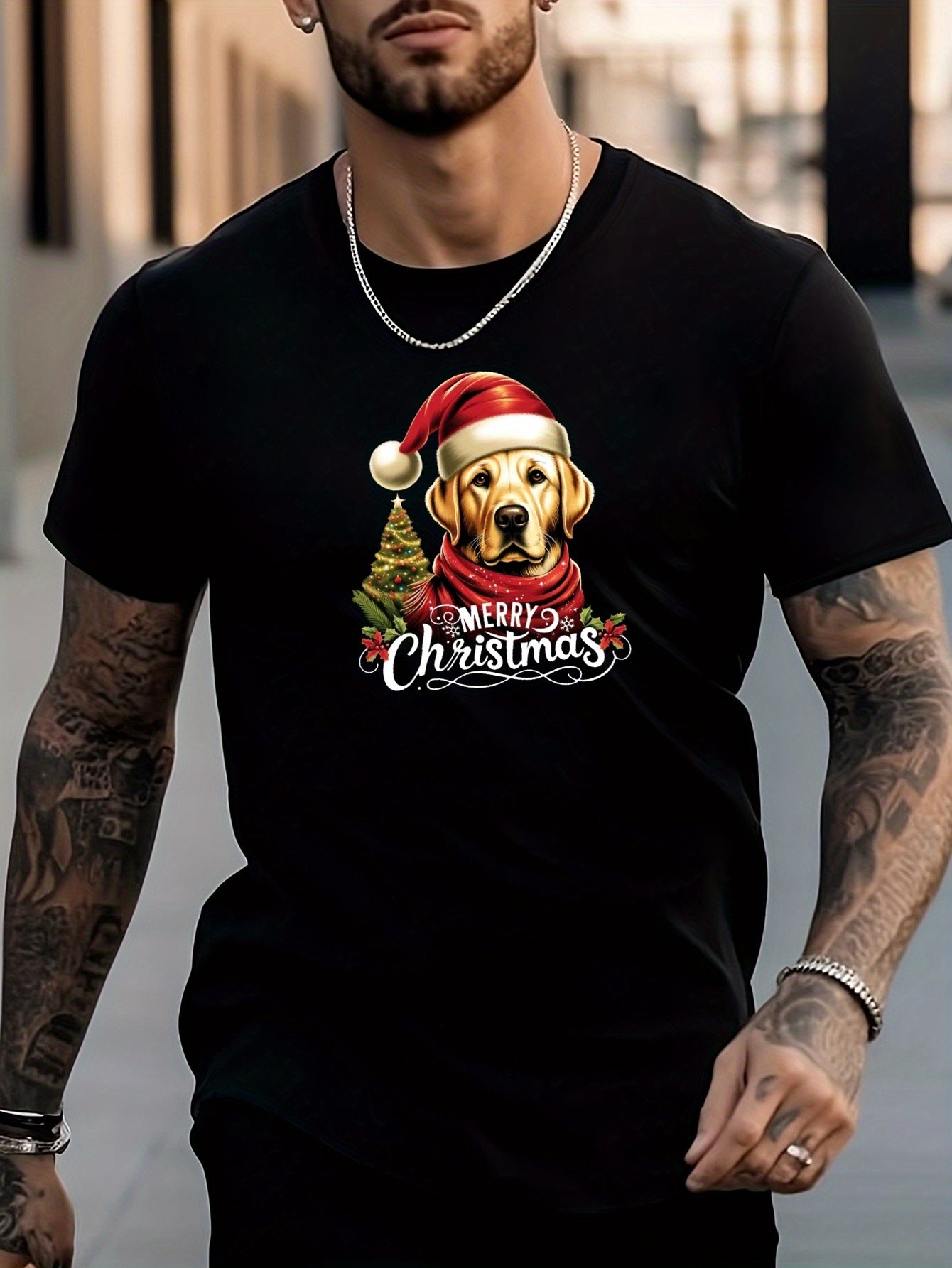Men's Christmas Dog Pattern Tee Top for Outdoor Activities
