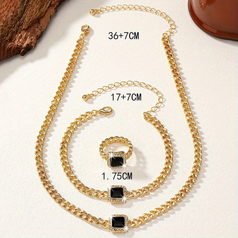 3pcs Rhinestone Enamel Necklace Bracelet Ring Set for Women