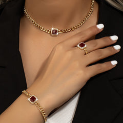 3pcs Rhinestone Enamel Necklace Bracelet Ring Set for Women