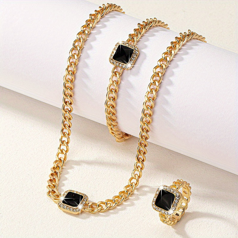 3pcs Rhinestone Enamel Necklace Bracelet Ring Set for Women