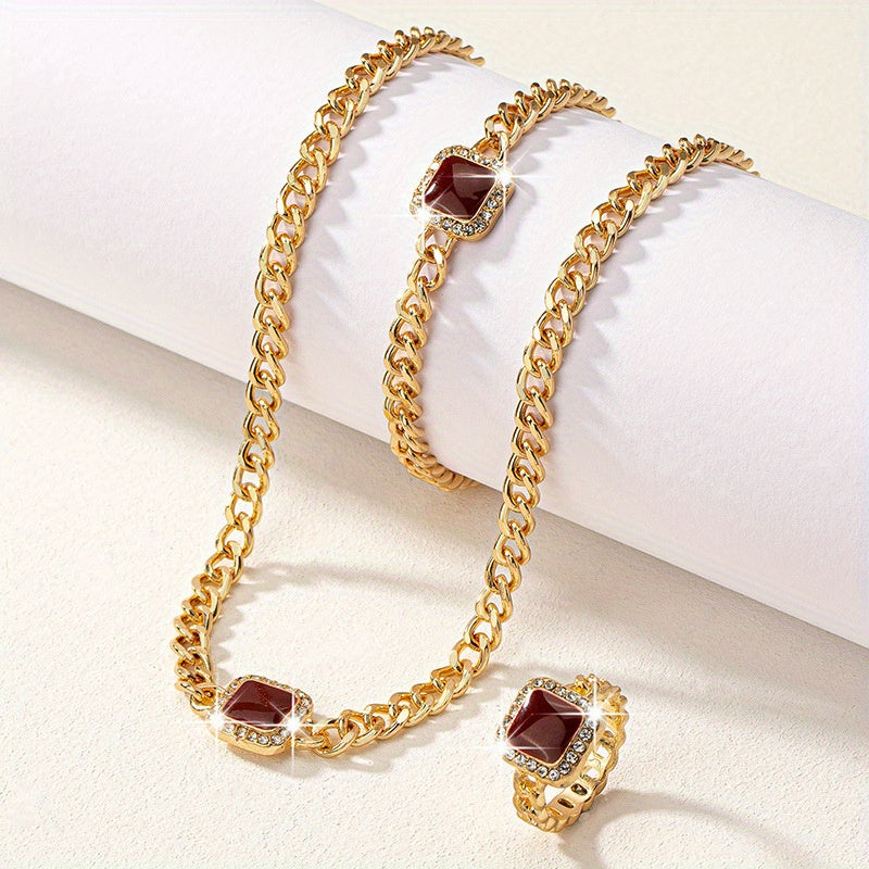 3pcs Rhinestone Enamel Necklace Bracelet Ring Set for Women
