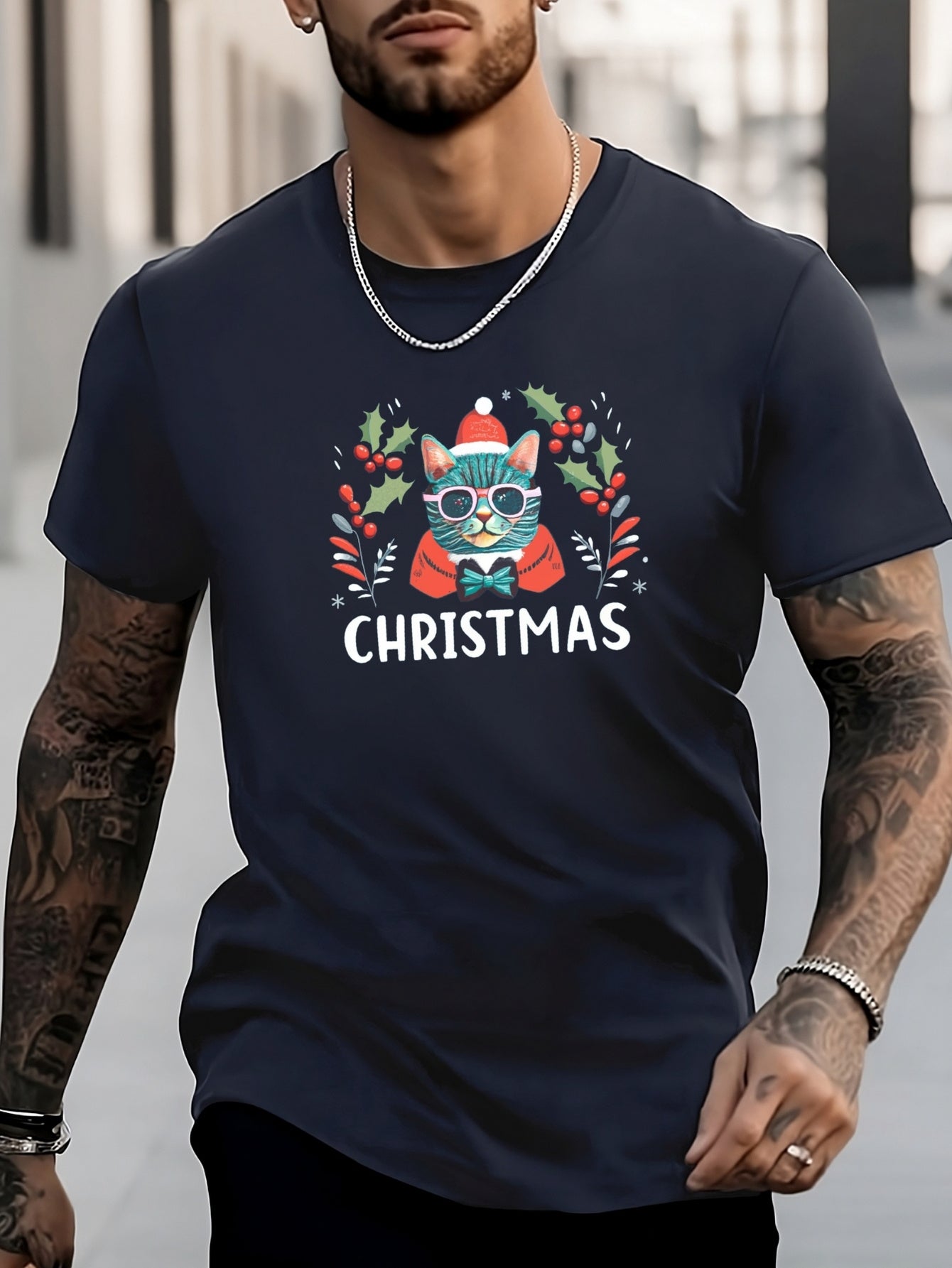 Men's Cat Pattern Shirt Casual Breathable Crew Neck Tee Top
