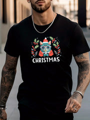 Men's Cat Pattern Shirt Casual Breathable Crew Neck Tee Top