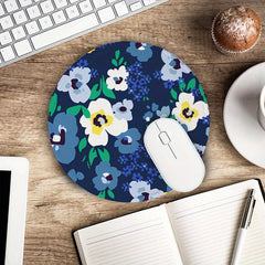 Yellow Navy Floral Mouse Pad Mat Round Print Pattern Worker Gift