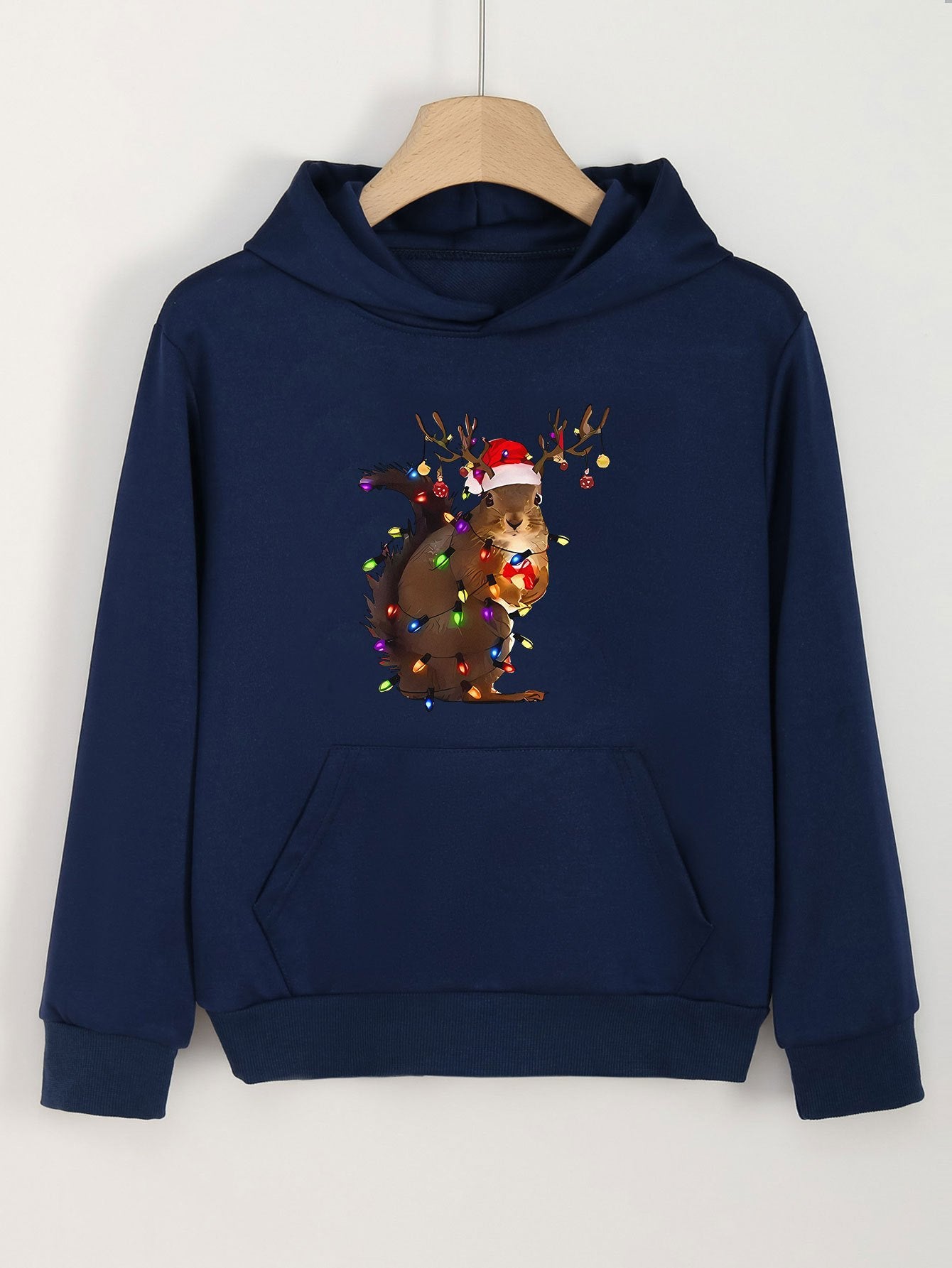 Girls Christmas Lights Squirrel Graphic Hooded Sweatshirt