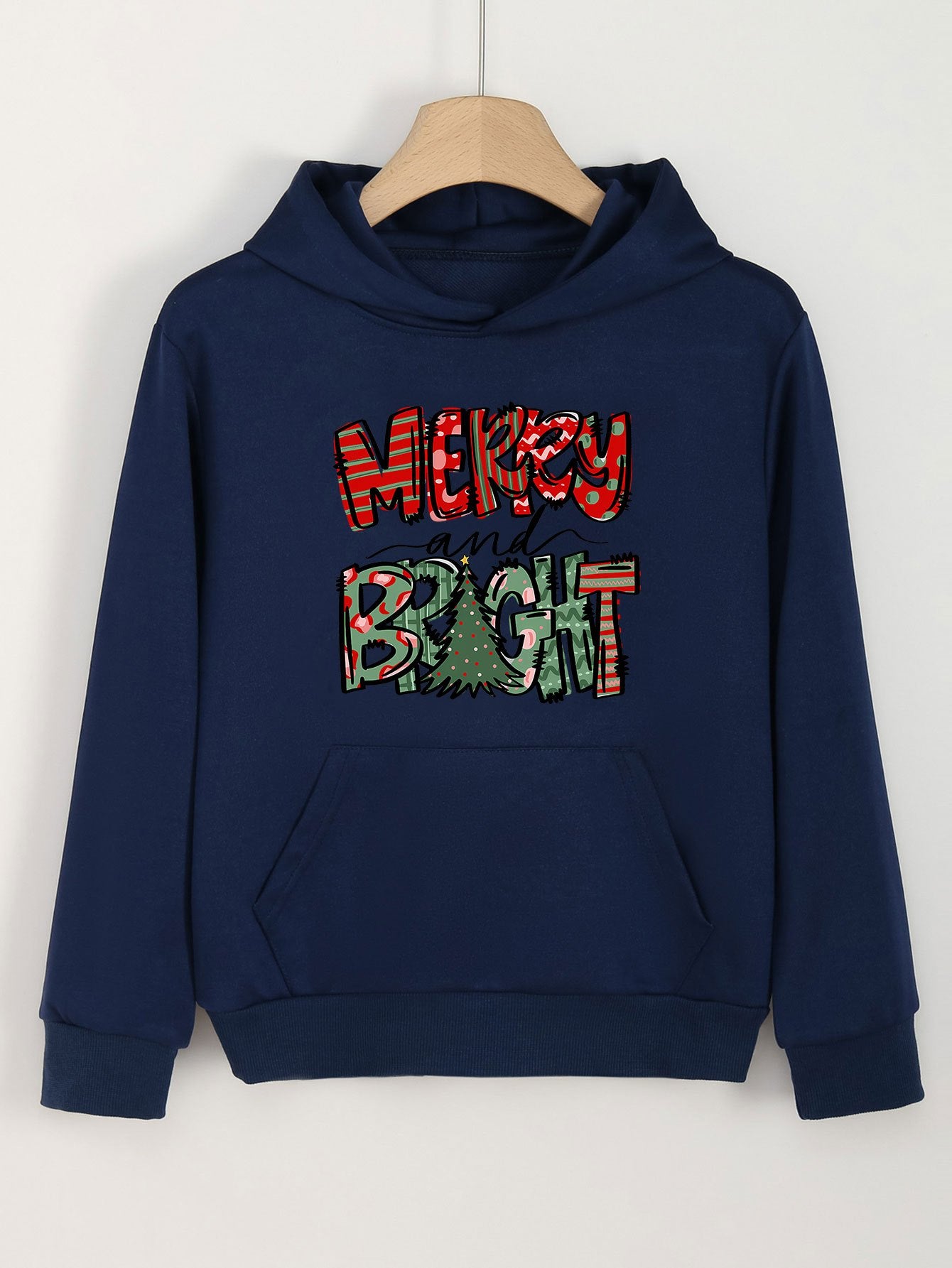 Girls Christmas Words Graphic Hooded Sweatshirt Top