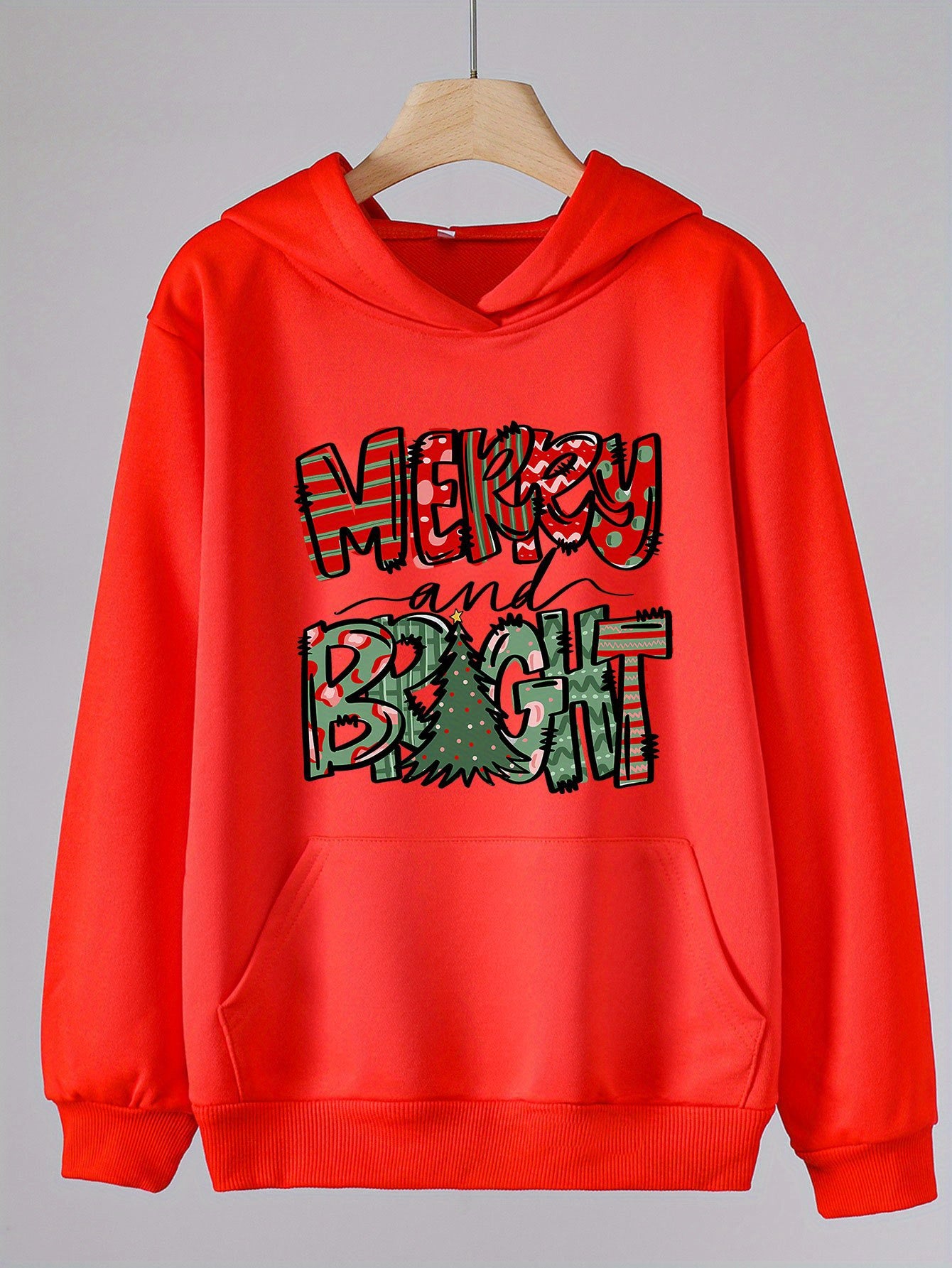 Girls Christmas Words Graphic Hooded Sweatshirt Top