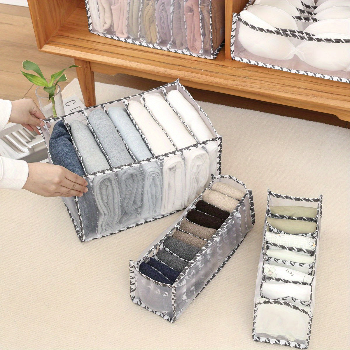 Houndstooth Wardrobe Clothes Organizer Mesh Storage Box For Jeans Bra