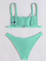 Rib Knit Bikini Set Back Buckle Backless High Cut Two Piece Swimsuit