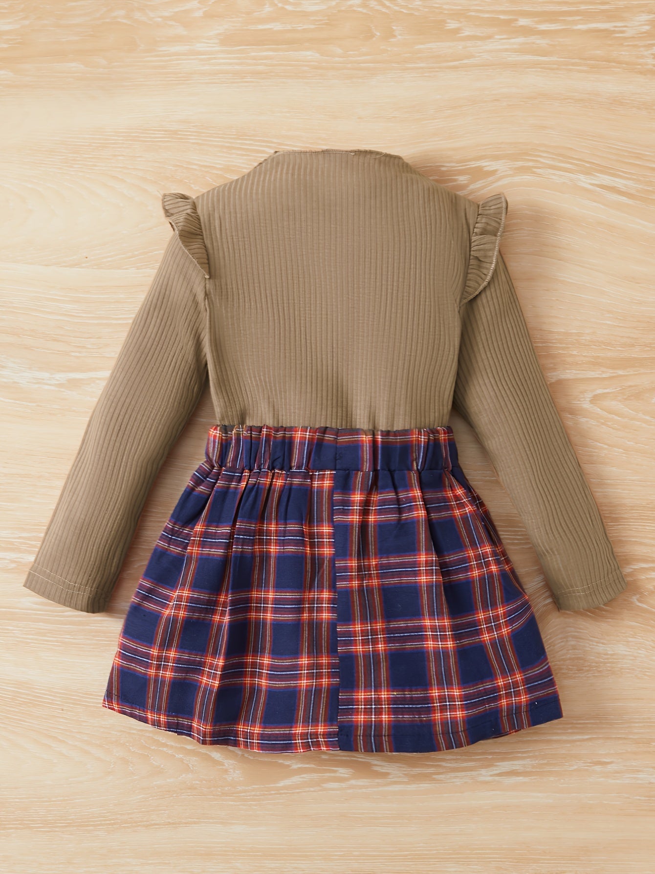 Girl's Mock Neck Top & Plaid Skirt Set Preppy Style Outfit
