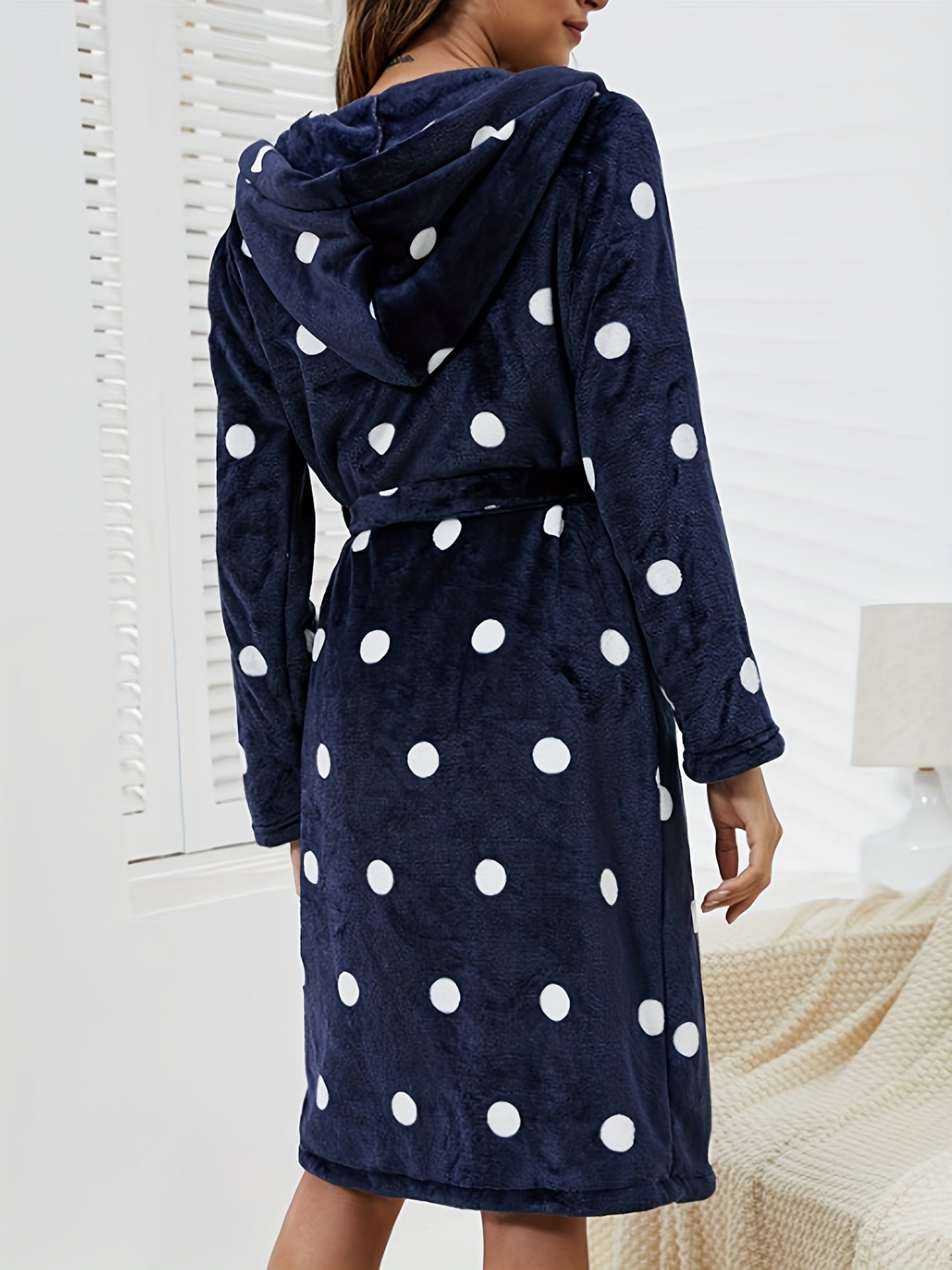 Polka Dot Fuzzy Night Robe Long Sleeve Hooded Robe
