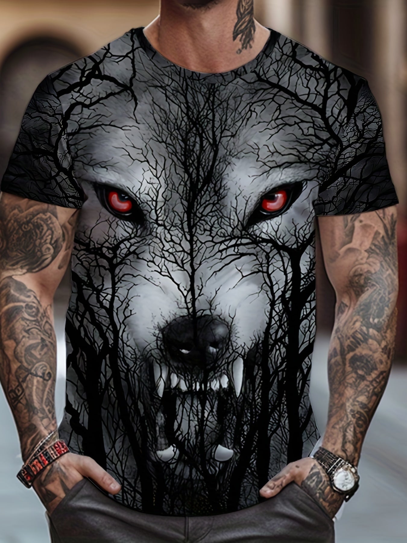 Men's 3D Wolf Print T-shirt Crew Neck Tee for Summer