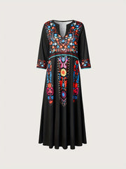 Boho Dress Women's Plus Notched Neck Tribal Print Three Quarter Sleeve