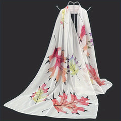 Maple Leaf Print Chiffon Scarf Silk Shawl Casual Windproof Head Wrap