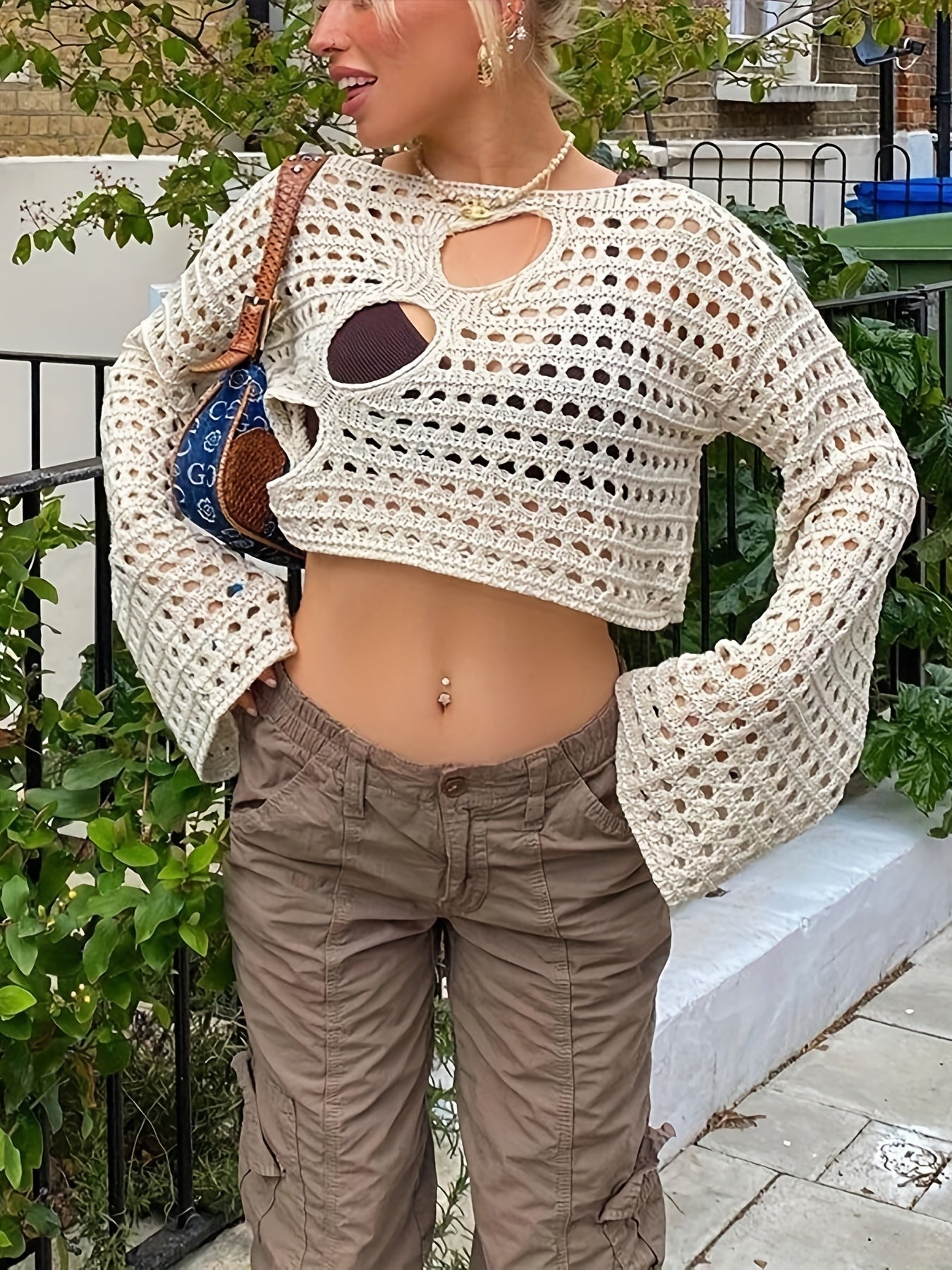 Y2K Crochet Crop Top Long Sleeve Solid Casual Top Women
