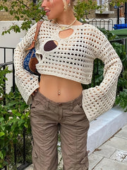Y2K Crochet Crop Top Long Sleeve Solid Casual Top Women