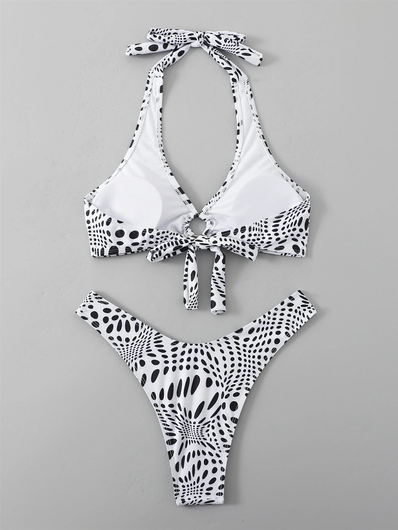 Polka Dot Halter Neck Bikini Set V Neck Ring Linked Tie Back Backless