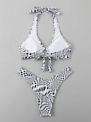 Polka Dot Halter Neck Bikini Set V Neck Ring Linked Tie Back Backless