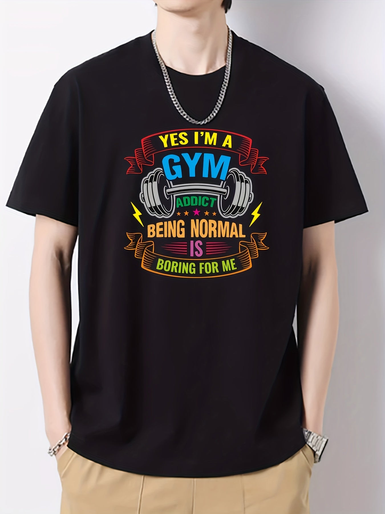 Gym Pattern Print Men's Graphic Cotton Crew Neck Active T shirt
