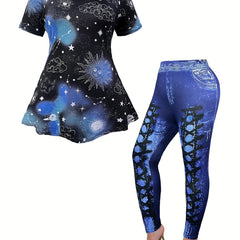 Galaxy Print Peplum Top & Denim Print Leggings Set