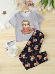 Girls Sloth Graphic T-shirt & Pants Set, Summer Holiday Kids Clothes