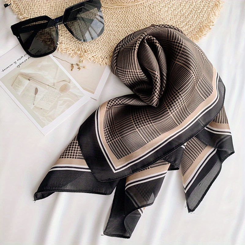 Houndstooth Print Square Scarf Vintage Silk Shawl Women Head Wrap Satin Bandana