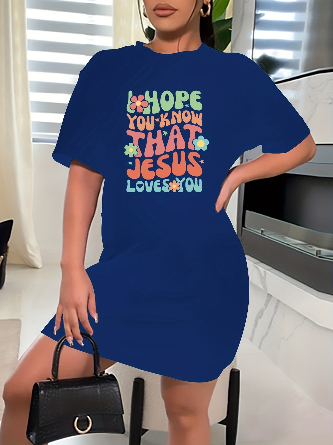 Women's Slogan & Floral Print Short Sleeve Round Neck Dress