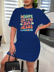 Women's Slogan & Floral Print Short Sleeve Round Neck Dress