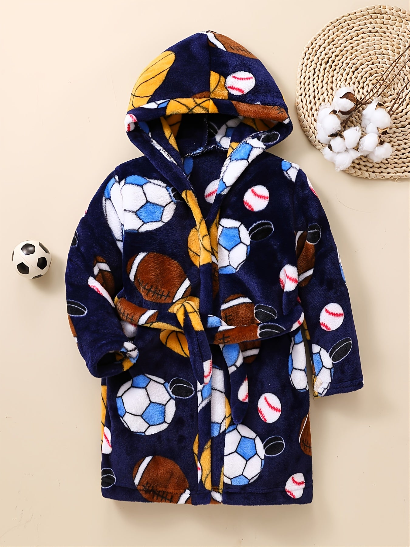 Kids Football Baseball Print Fleece Bathrobe Winter