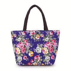 Rose Flower Pattern Handbag Canvas Tote Bag For Shopping & Travel