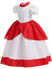 Girls Princess Dress Frill Neck Puff Sleeve Ruffle Skirt Lace Decoration