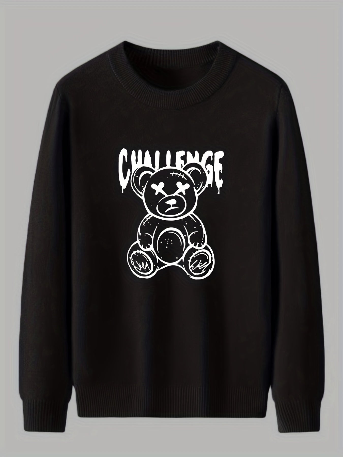 Cartoon Teddy Bear Print Knitted Sweater Men's Casual Warm Pullover