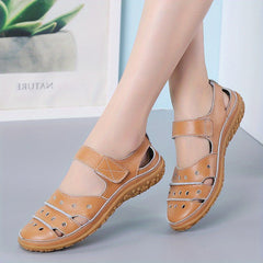 Hollow Out Faux Leather Sandals Hook & Loop Ankle Flat Sandals