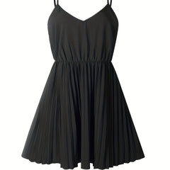 V-Neck Summer Dress Solid Color Pleated