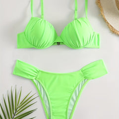 Green Ruched Bikini Sets V Neck Backless High Cut Beachwear 2 Pieces Swimsuit