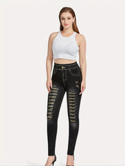 Denim Print Skinny Leggings Stretchy Casual Leggings