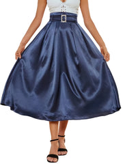Solid Satin Midi Skirt High Waist Pleated Swing Style