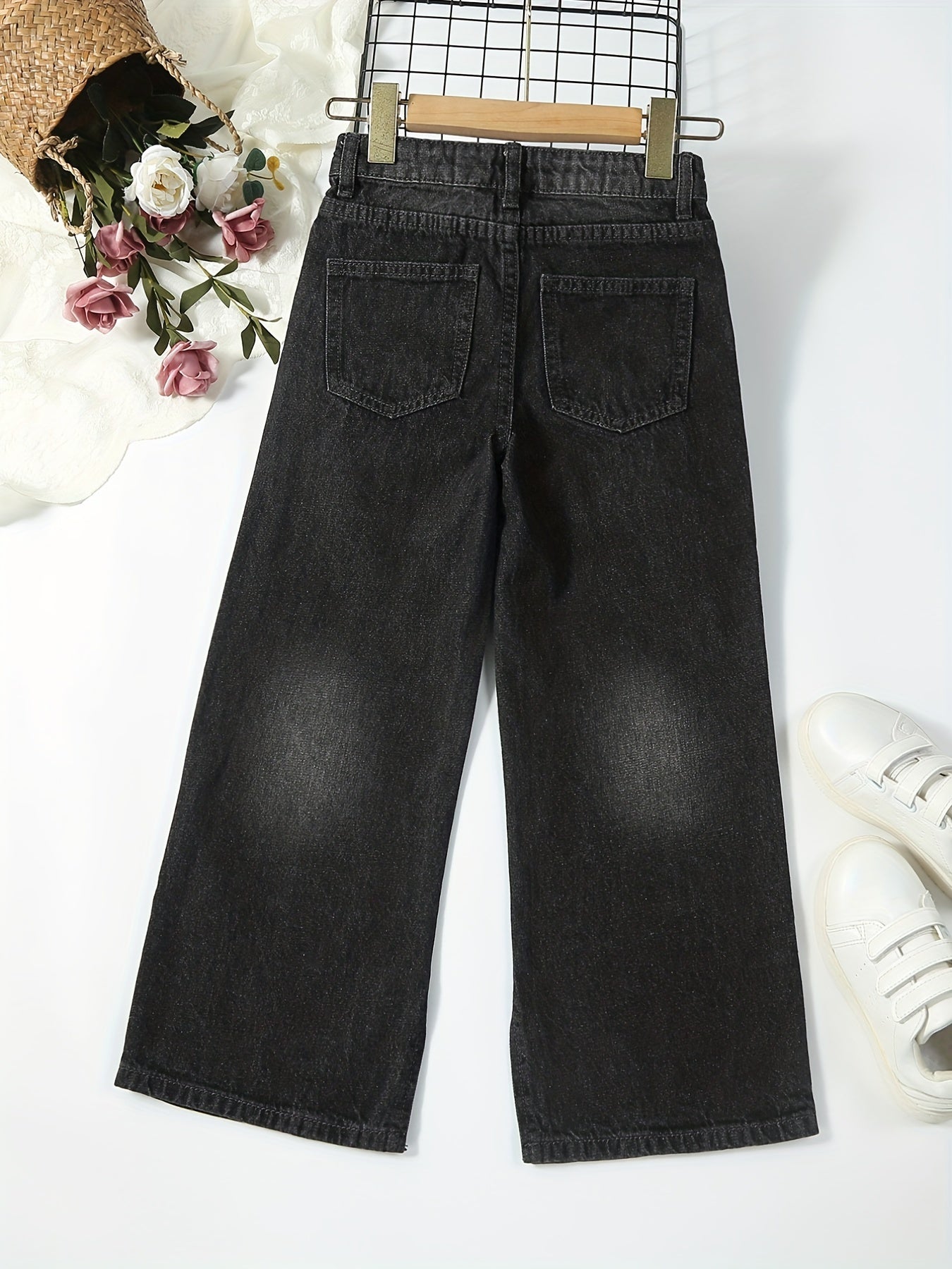 Girls Side Split Wide Leg Vintage Denim Pants For Street Casual Outfit
