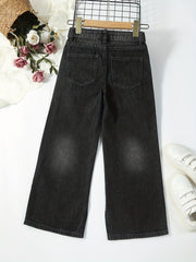 Girls Side Split Wide Leg Vintage Denim Pants For Street Casual Outfit