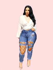 Ripped Holes Skinny Jeans Slim Fit Distressed With Fishnet Stocking Denim Pants